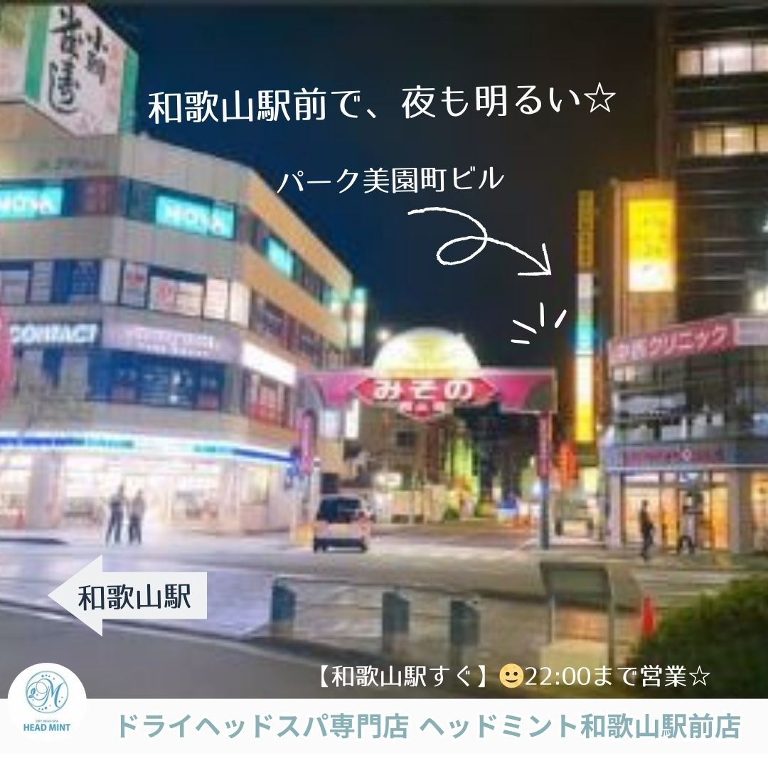 和歌山駅前で夜も明るい
パーク美園町ビル
ドライヘッドスパ専門店ヘッドミント和歌山駅前店