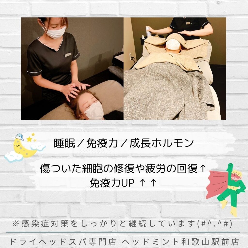 睡眠/免疫力/成長ホルモン 傷ついた細胞の修復や疲労の回復↑ 免疫力UP ↑ ↑ 
※感染症対策をしっかりと継続しています
ドライヘッドスパ専門店ヘッドミント和歌山駅前店